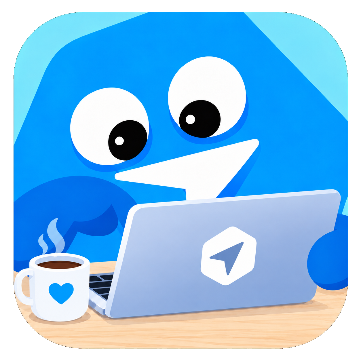 Blue Atlas mascot studying at a laptop